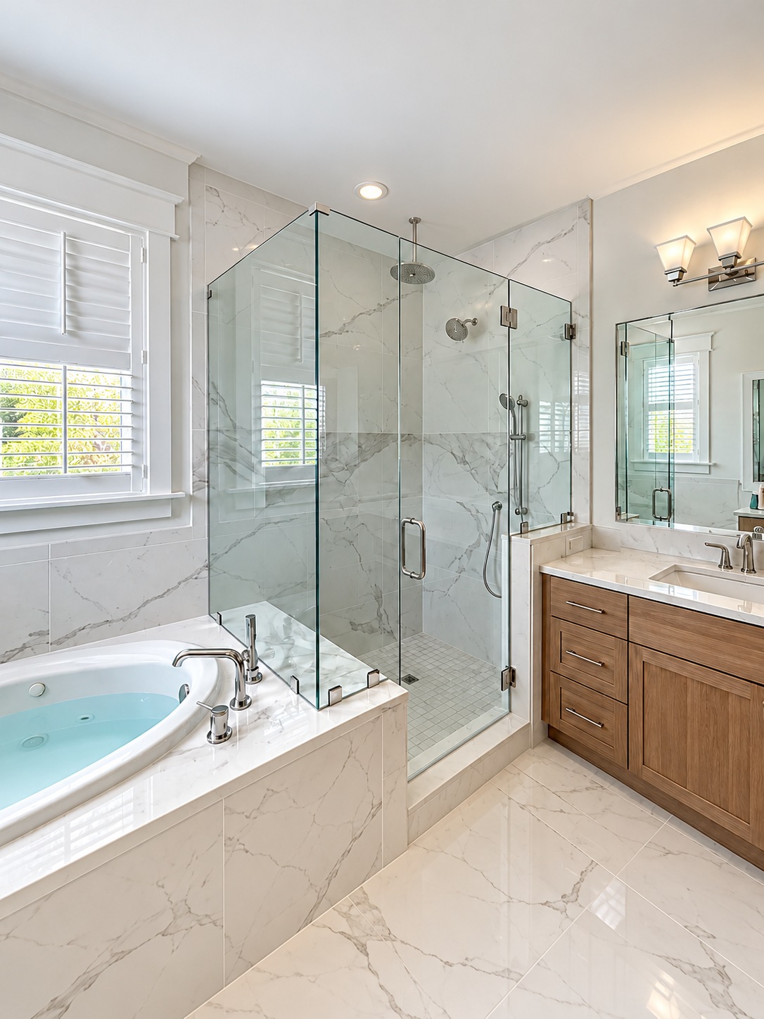 Frameless glass shower beside a soaking tub, with marble-look tile, chrome hardware and a wood vanity.